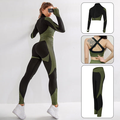 AH - 3 PCS Fitness Sport Wear Leggings, Support Bra, and Cropped Jacket - Alcoholic Hair